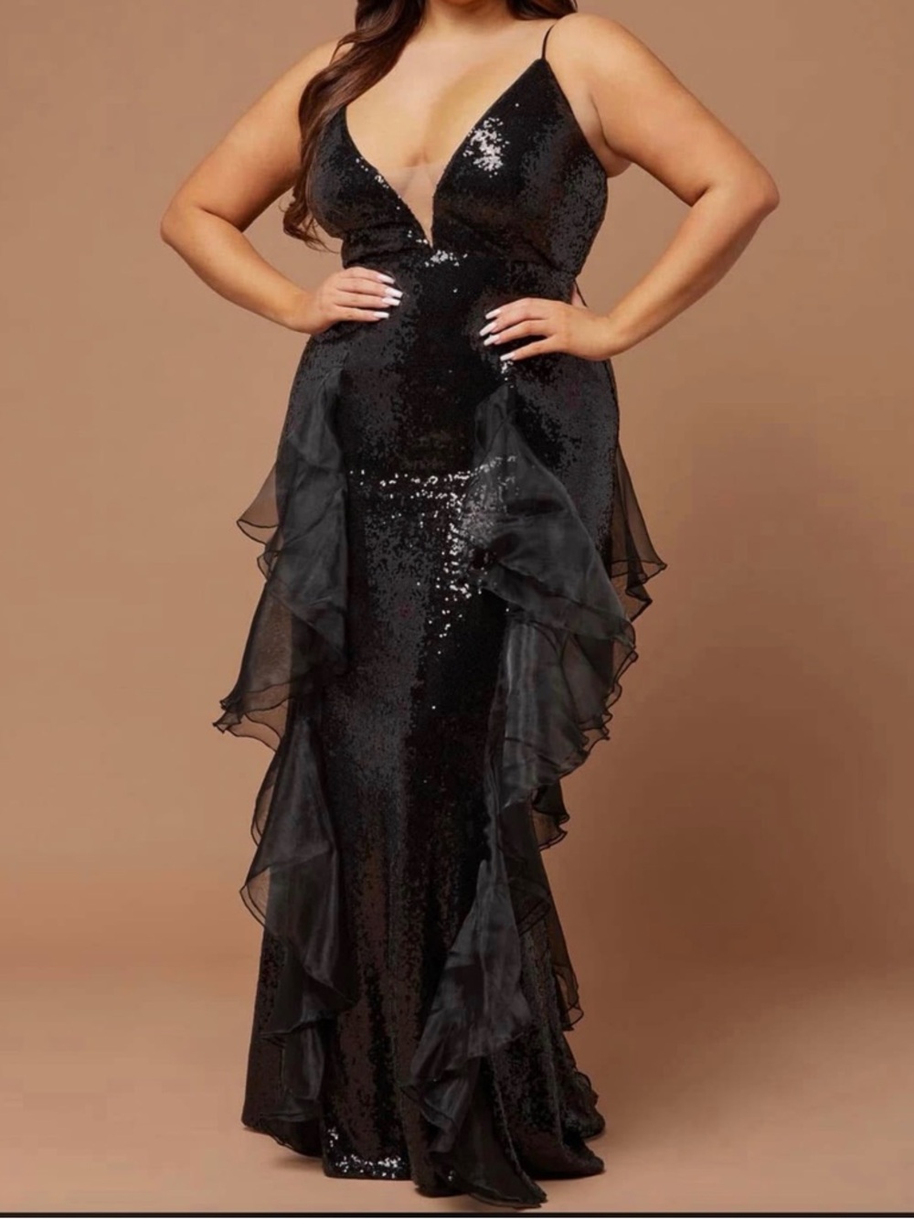 Plus Size Black Sequin Ruffle Evening Dress